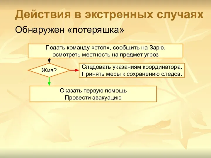 Действия в экстренных случаях Обнаружен «потеряшка» Подать команду «стоп», сообщить на