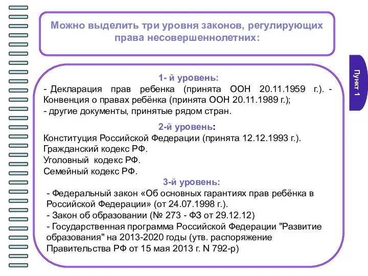 Пункт 1 Можно выделить три уровня законов, регулирующих права несовершеннолетних: 1-