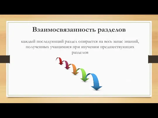 Взаимосвязанность разделов каждый последующий раздел опирается на весь запас знаний, полученных учащимися при изучении предшествующих разделов