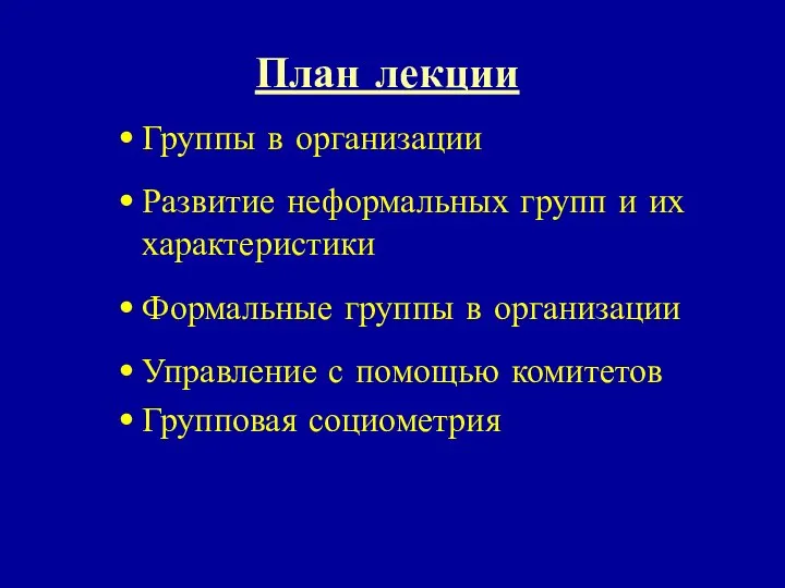 План лекции Группы в организации Развитие неформальных групп и их характеристики