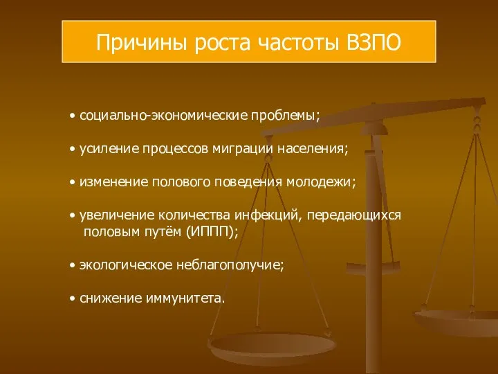 социально-экономические проблемы; усиление процессов миграции населения; изменение полового поведения молодежи; увеличение