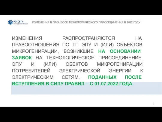 ИЗМЕНЕНИЯ В ПРОЦЕССЕ ТЕХНОЛОГИЧЕСКОГО ПРИСОЕДИНЕНИЯ В 2022 ГОДУ ИЗМЕНЕНИЯ РАСПРОСТРАНЯЮТСЯ НА