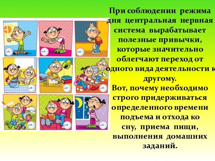 При соблюдении режима дня центральная нервная система вырабатывает полезные привычки, которые