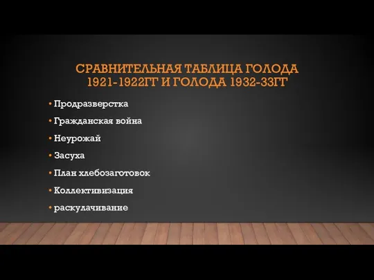 СРАВНИТЕЛЬНАЯ ТАБЛИЦА ГОЛОДА 1921-1922ГГ И ГОЛОДА 1932-33ГГ Продразверстка Гражданская война Неурожай Засуха План хлебозаготовок Коллективизация раскулачивание