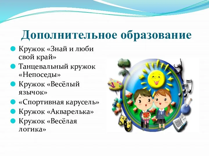 Дополнительное образование Кружок «Знай и люби свой край» Танцевальный кружок «Непоседы»