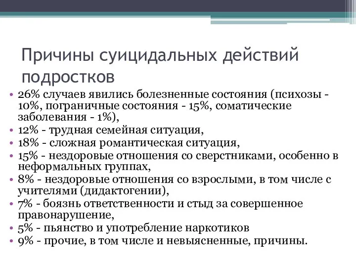 Причины суицидальных действий подростков 26% случаев явились болезненные состояния (психозы -