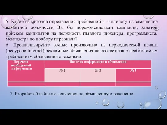 5. Какие из методов определения требований к кандидату на замещение вакантной