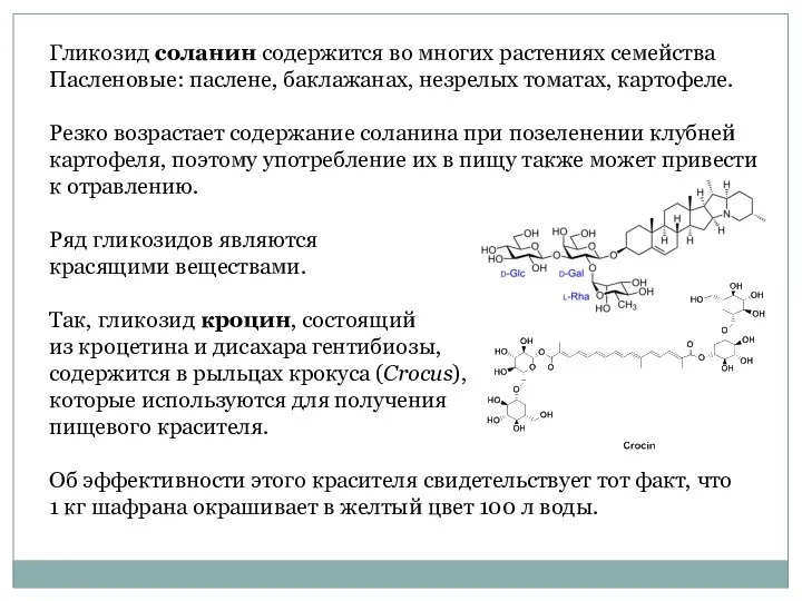 Гликозид соланин содержится во многих растениях семейства Пасленовые: паслене, баклажанах, незрелых