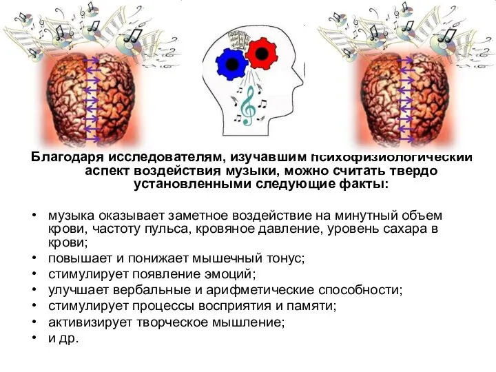 Благодаря исследователям, изучавшим психофизиологический аспект воздействия музыки, можно считать твердо установленными