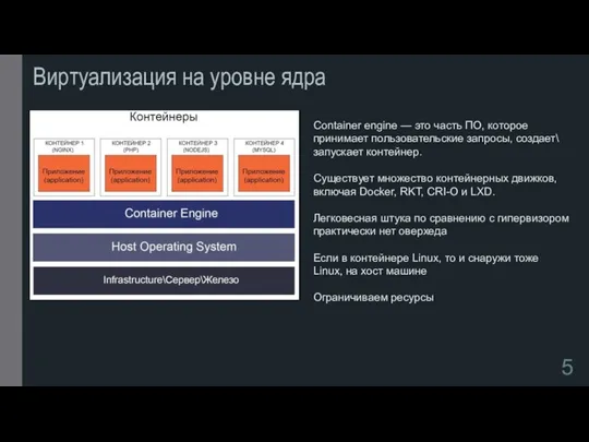 Виртуализация на уровне ядра Container engine — это часть ПО, которое