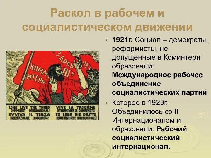 Раскол в рабочем и социалистическом движении 1921г. Социал – демократы, реформисты,