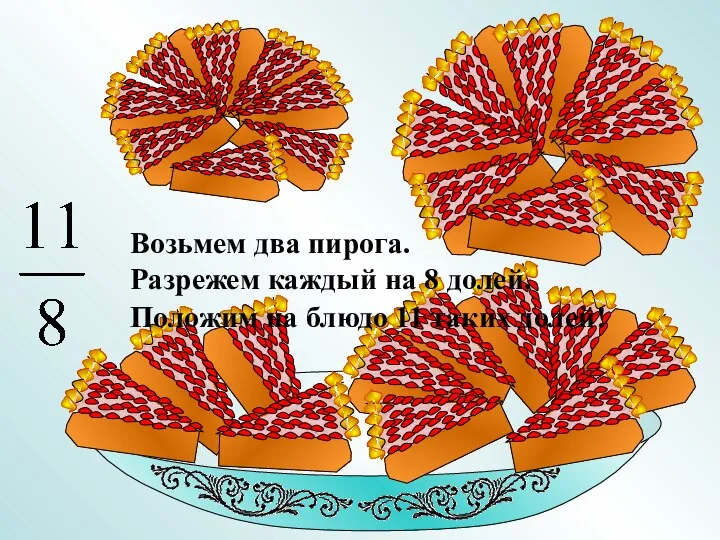 Возьмем два пирога. Разрежем каждый на 8 долей. Положим на блюдо 11 таких долей!