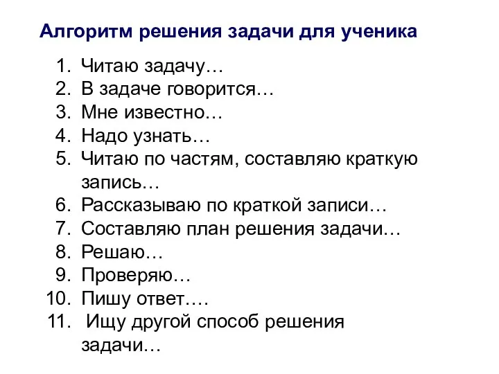 Алгоритм решения задачи для ученика Читаю задачу… В задаче говорится… Мне