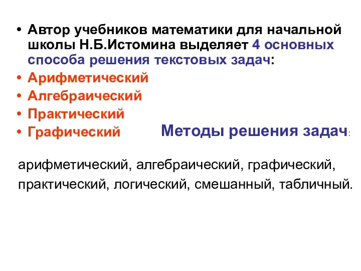 Автор учебников математики для начальной школы Н.Б.Истомина выделяет 4 основных способа