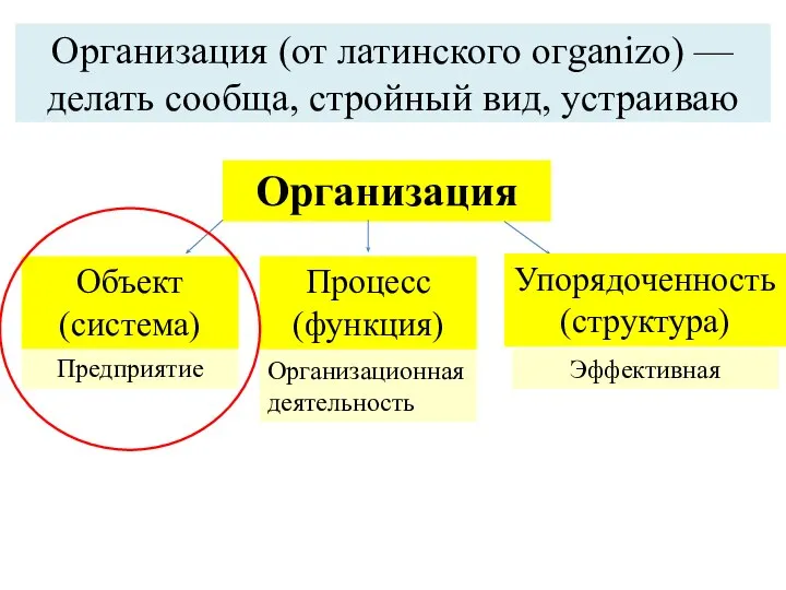 Организация (от латинского oгganizo) — делать сообща, стройный вид, устраиваю Организация