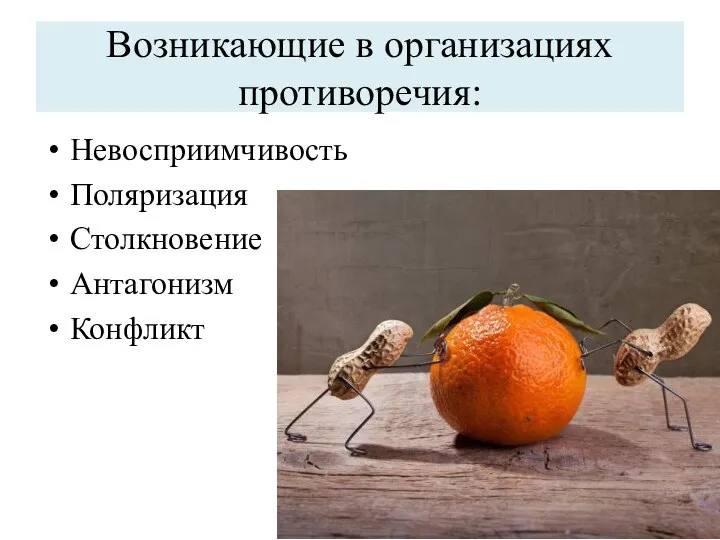 Возникающие в организациях противоречия: Невосприимчивость Поляризация Столкновение Антагонизм Конфликт