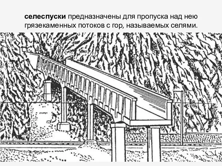 селеспуски предназначены для пропуска над нею грязекаменных потоков с гор, называемых селями.