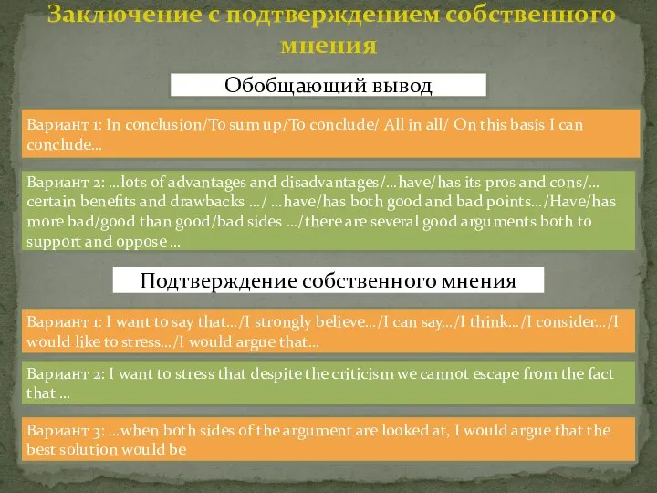 Заключение с подтверждением собственного мнения Вариант 1: In conclusion/To sum up/To