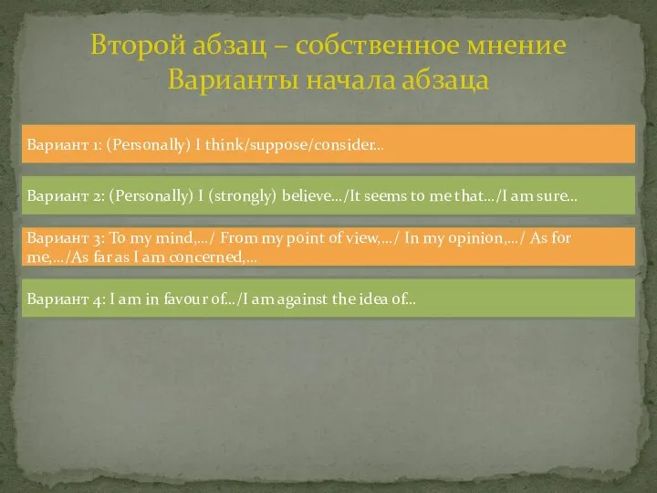 Второй абзац – собственное мнение Варианты начала абзаца Вариант 1: (Personally)