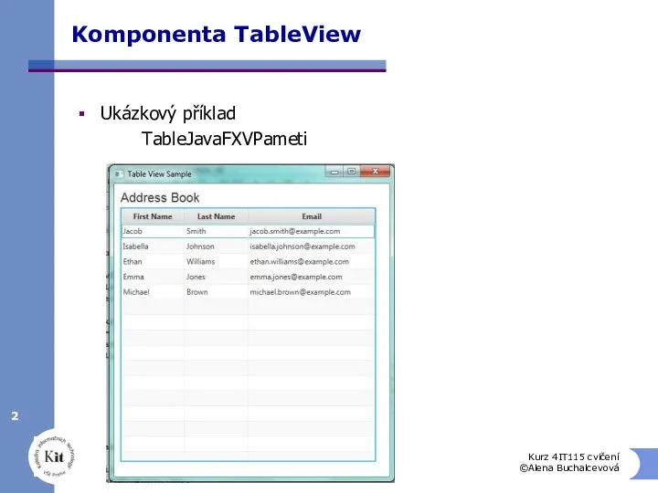 Komponenta TableView Ukázkový příklad TableJavaFXVPameti Kurz 4IT115 cvičení ©Alena Buchalcevová