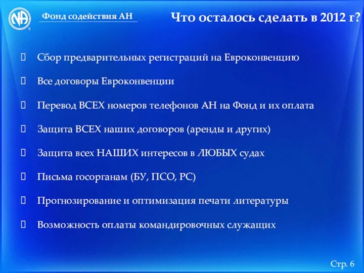 Что осталось сделать в 2012 г? Фонд содействия АН Сбор предварительных