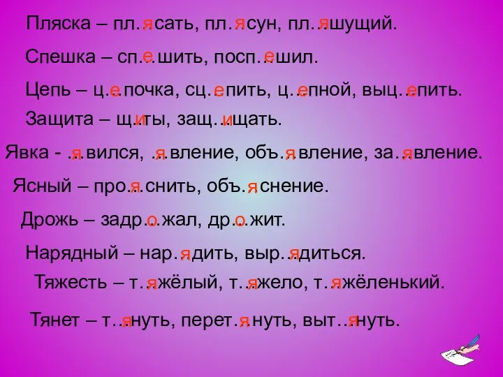 Пляска – пл…сать, пл…сун, пл…шущий. Спешка – сп…шить, посп…шил. Цепь –