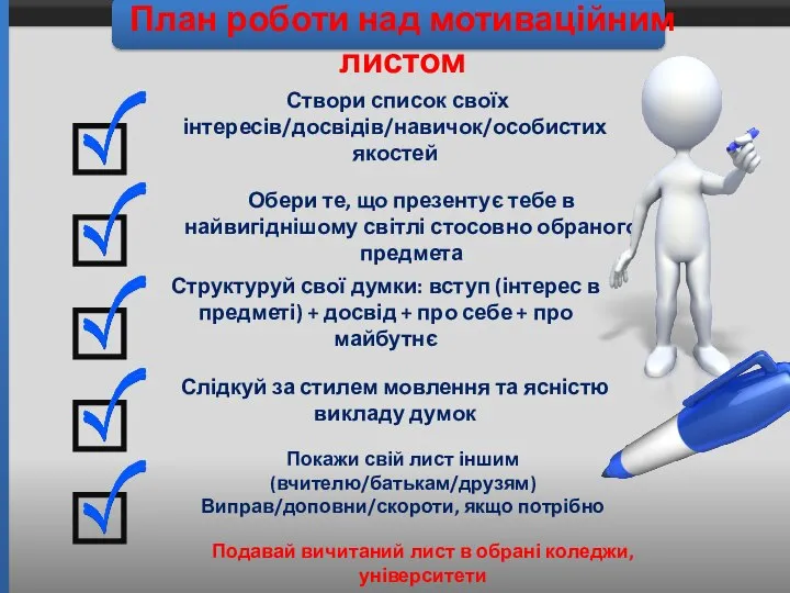 План роботи над мотиваційним листом Створи список своїх інтересів/досвідів/навичок/особистих якостей Обери