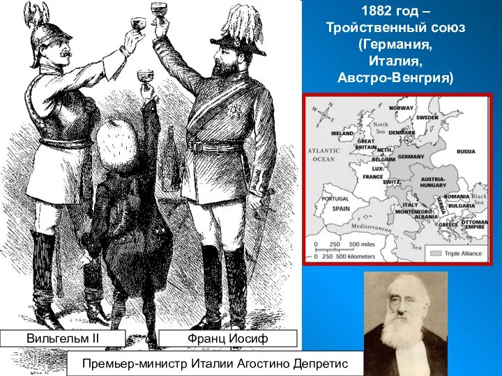 1882 год – Тройственный союз (Германия, Италия, Австро-Венгрия) Вильгельм II Премьер-министр Италии Агостино Депретис Франц Иосиф