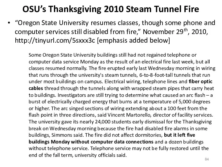 OSU’s Thanksgiving 2010 Steam Tunnel Fire “Oregon State University resumes classes,