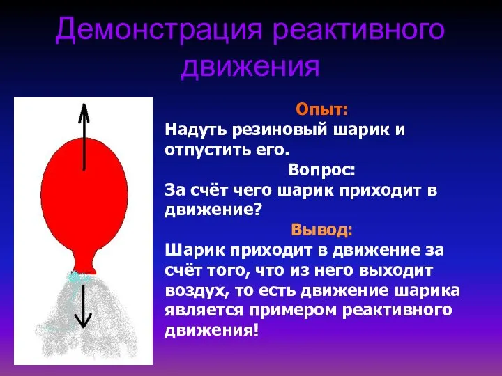 Демонстрация реактивного движения Опыт: Надуть резиновый шарик и отпустить его. Вопрос: