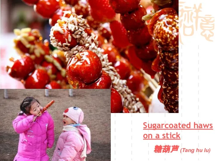 Sugarcoated haws on a stick 糖葫芦 (Tang hu lu)