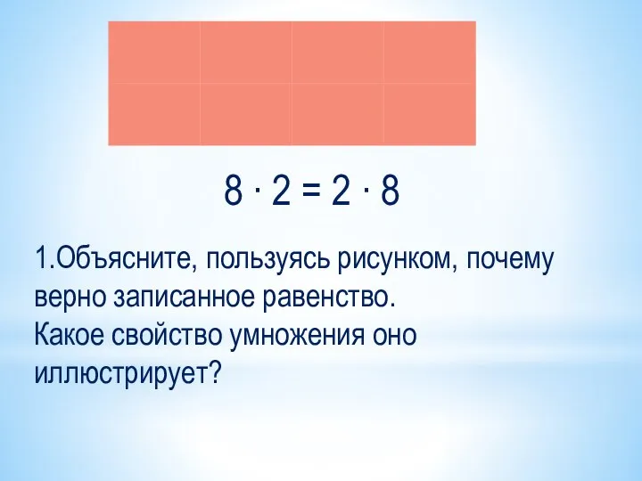 1.Объясните, пользуясь рисунком, почему верно записанное равенство. Какое свойство умножения оно