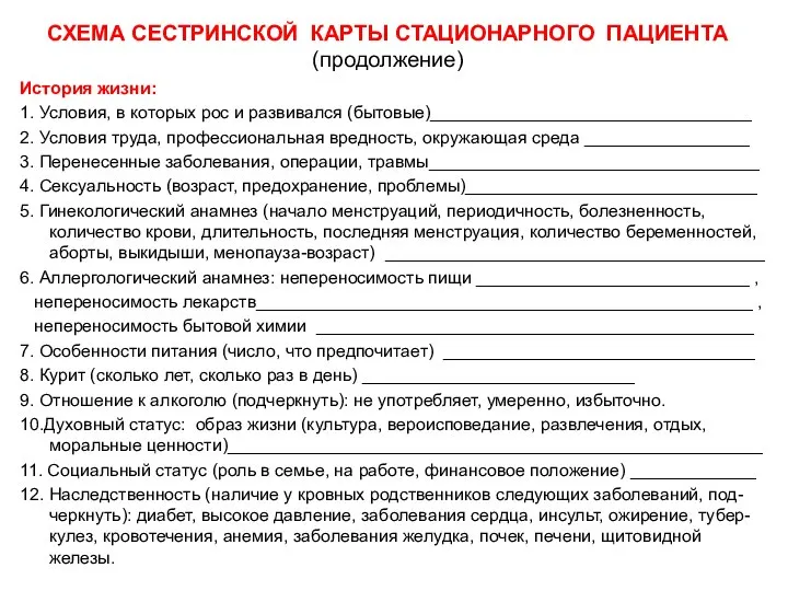 СХЕМА СЕСТРИНСКОЙ КАРТЫ СТАЦИОНАРНОГО ПАЦИЕНТА (продолжение) История жизни: 1. Условия, в