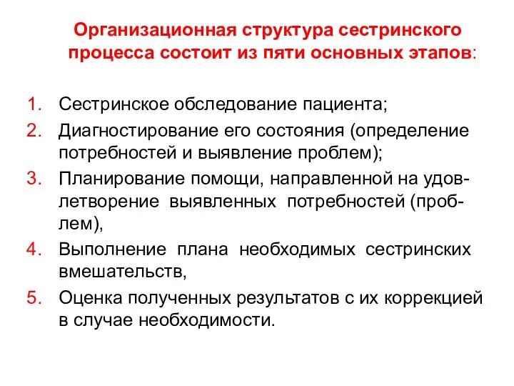 Организационная структура сестринского процесса состоит из пяти основных этапов: Сестринское обследование