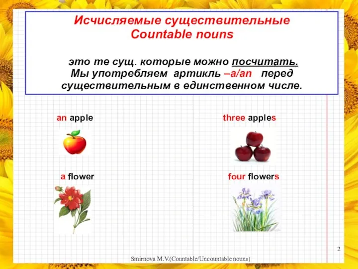 an apple three apples a flower four flowers Исчисляемые существительные Countable