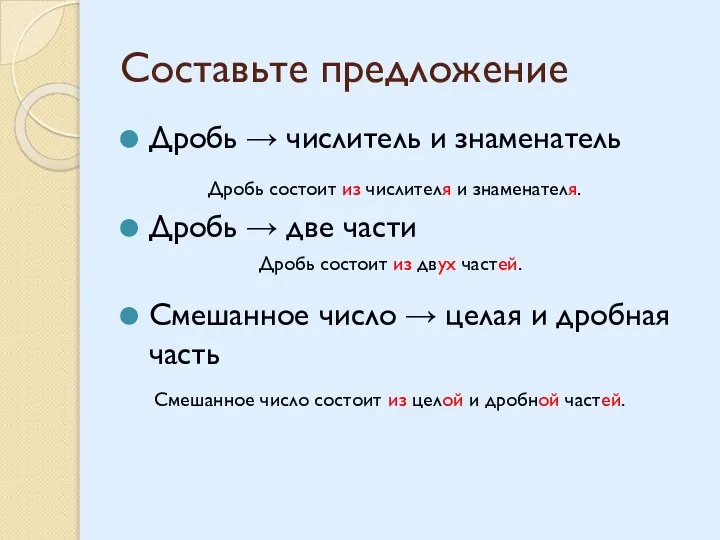 Составьте предложение Дробь → числитель и знаменатель Дробь → две части