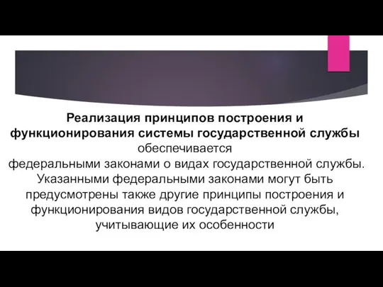 Реализация принципов построения и функционирования системы государственной службы обеспечивается федеральными законами