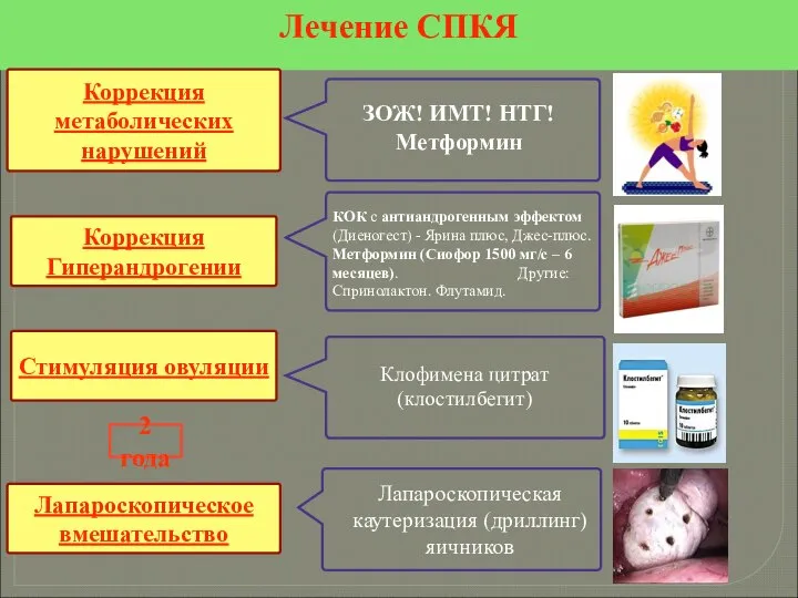 Лечение СПКЯ Коррекция Гиперандрогении Стимуляция овуляции Коррекция метаболических нарушений Лапароскопическое вмешательство 2 года