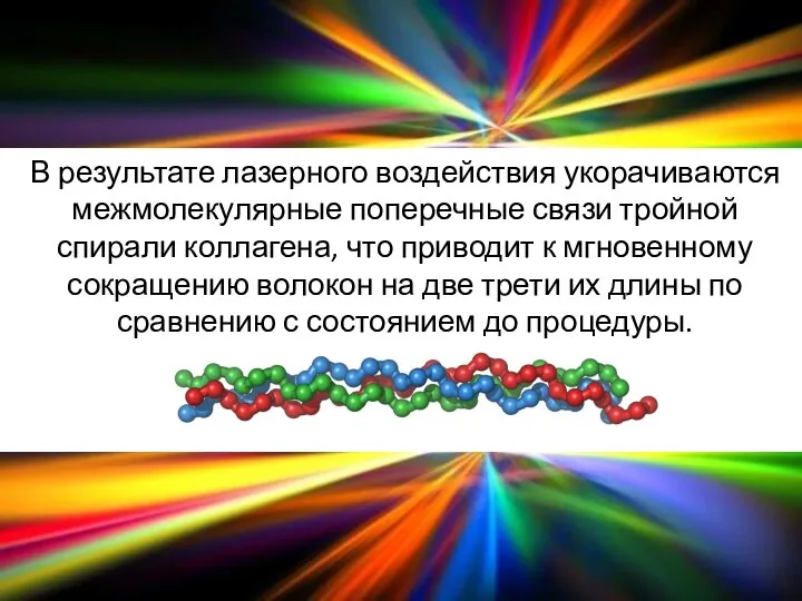 В результате лазерного воздействия укорачиваются межмолекулярные поперечные связи тройной спирали коллагена,