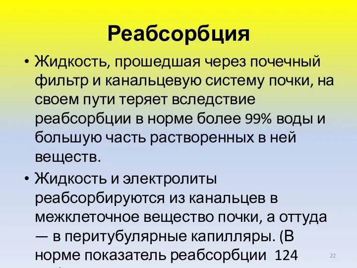 Реабсорбция Жидкость, прошедшая через почечный фильтр и канальцевую систему почки, на