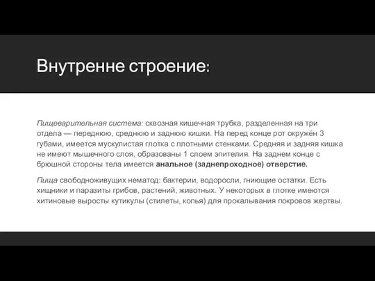 Внутренне строение: Пищеварительная система: сквозная кишечная трубка, разделенная на три отдела