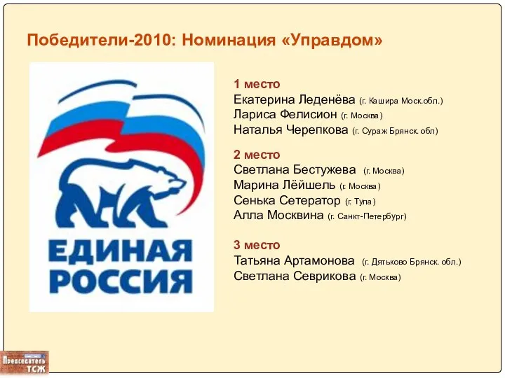 Победители-2010: Номинация «Управдом» 1 место Екатерина Леденёва (г. Кашира Моск.обл.) Лариса