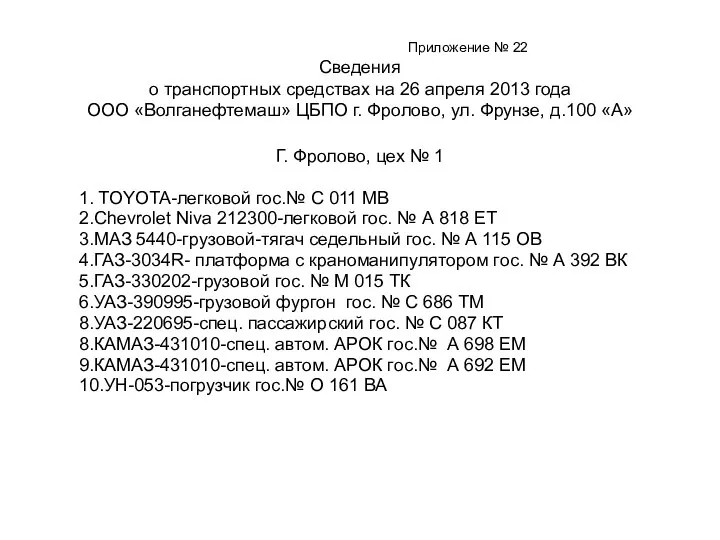 Приложение № 22 Сведения о транспортных средствах на 26 апреля 2013