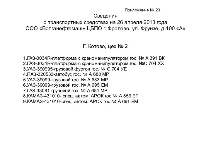 Приложение № 23 Сведения о транспортных средствах на 26 апреля 2013