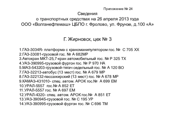 Приложение № 24 Сведения о транспортных средствах на 26 апреля 2013