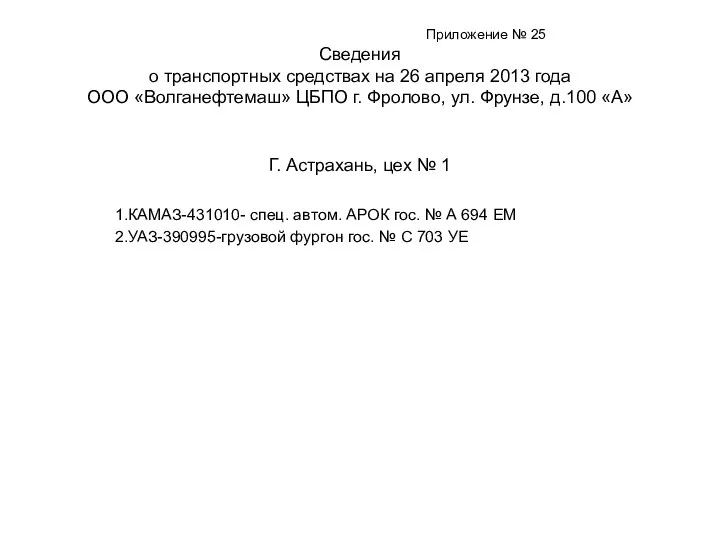 Приложение № 25 Сведения о транспортных средствах на 26 апреля 2013