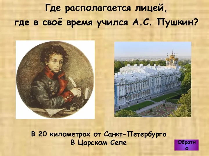 Где располагается лицей, где в своё время учился А.С. Пушкин? Обратно