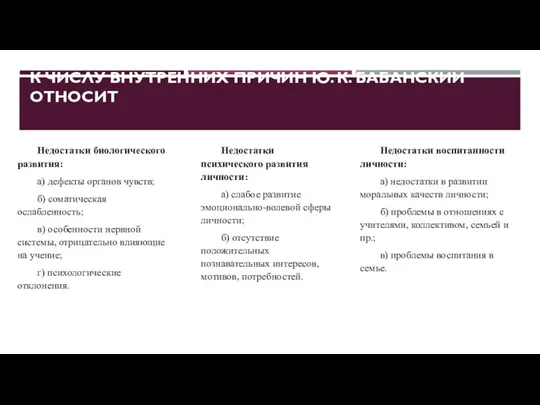 К ЧИСЛУ ВНУТРЕННИХ ПРИЧИН Ю. К. БАБАНСКИЙ ОТНОСИТ Недостатки биологического развития: