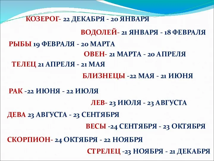 КОЗЕРОГ- 22 ДЕКАБРЯ - 20 ЯНВАРЯ ВОДОЛЕЙ- 21 ЯНВАРЯ - 18