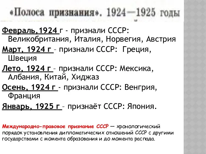 Февраль,1924 г - признали СССР: Великобритания, Италия, Норвегия, Австрия Март, 1924